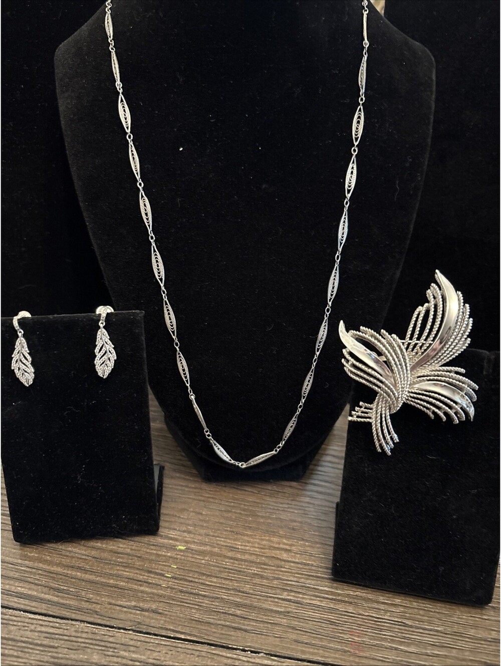 Crown Trifari Filigree Silver Tone Necklace With Brooch Sterling Silver Earrings